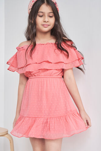 Coral Solid Flounce Dress, Coral, image 3